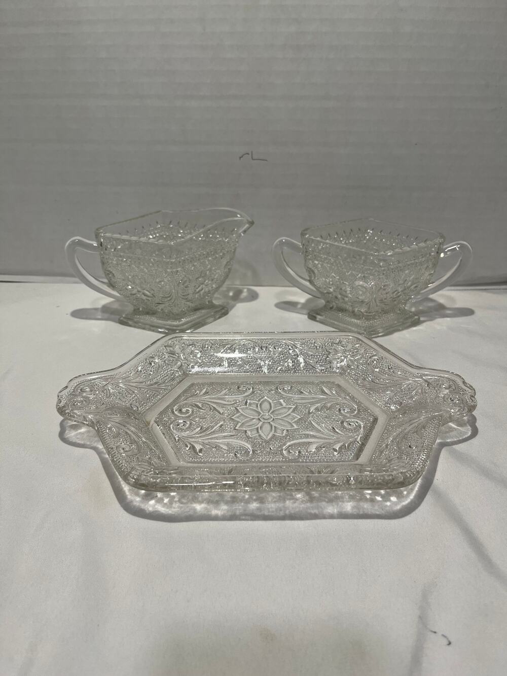 Indiana Glass Tiara Sandwich Creamer Sugar Tray Set Clear Glass Vintage